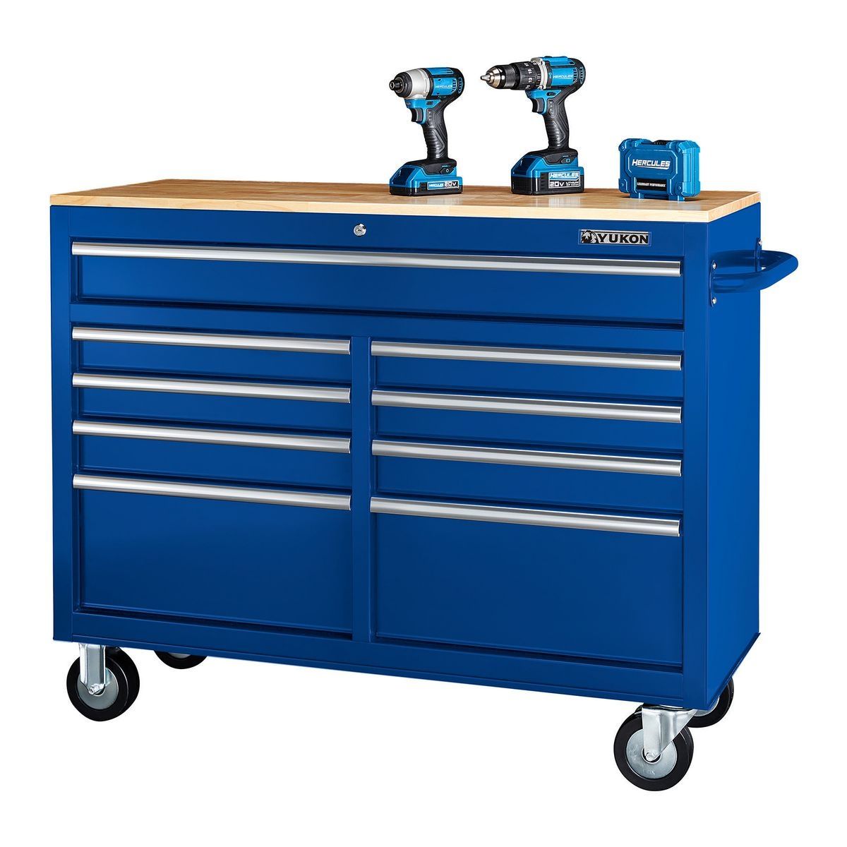 46 in. 9 Drawer Mobile Storage Cabinet with Solid Wood Top, Blue