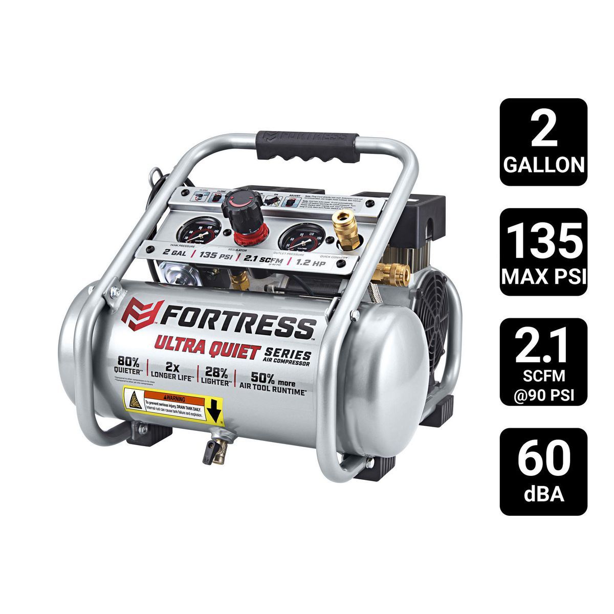 2 Gallon 135 PSI, Ultra-Quiet Hand Carry Jobsite